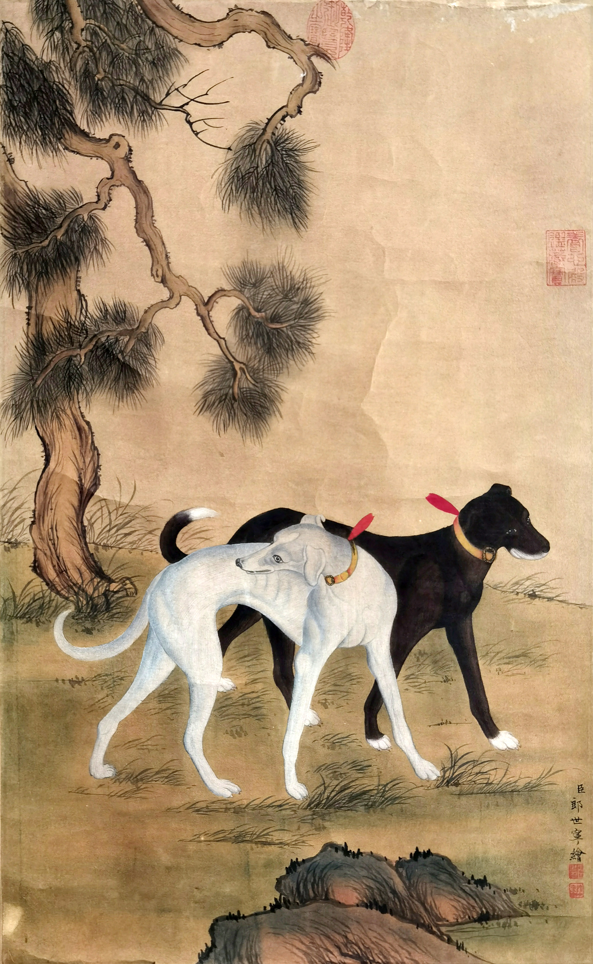 郎世宁     双犬图   附：乾隆御览之宝、养心殿鉴藏宝印   LOT 319-395号 资深藏家提供旧藏专场