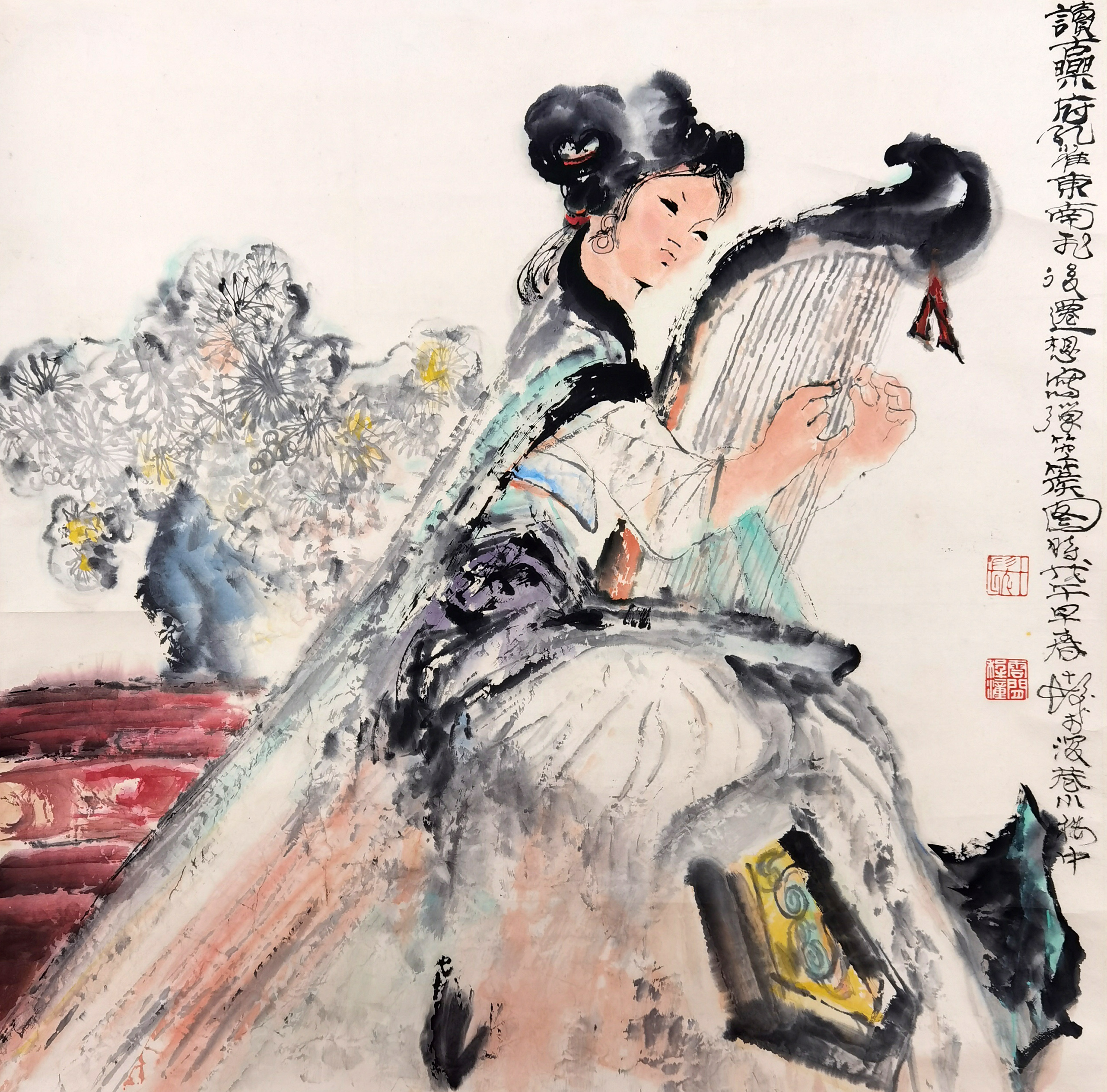 程十发     操琴少女